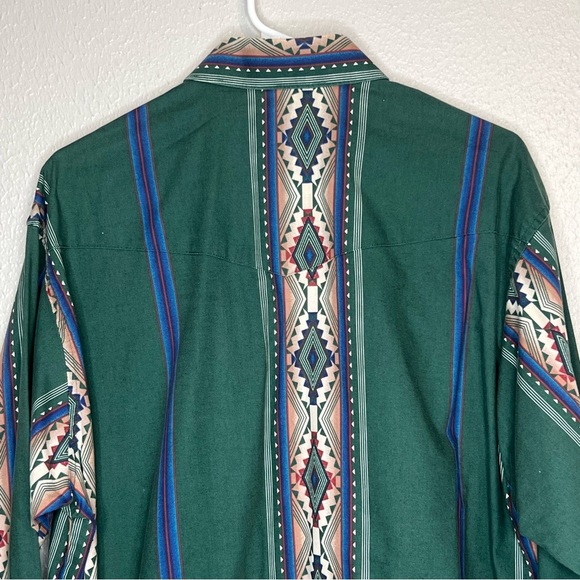 Vintage Wrangler Southwestern Aztec Green Pearl Snap Shirt L Cowboy Bushpopper - Picture 11 of 14